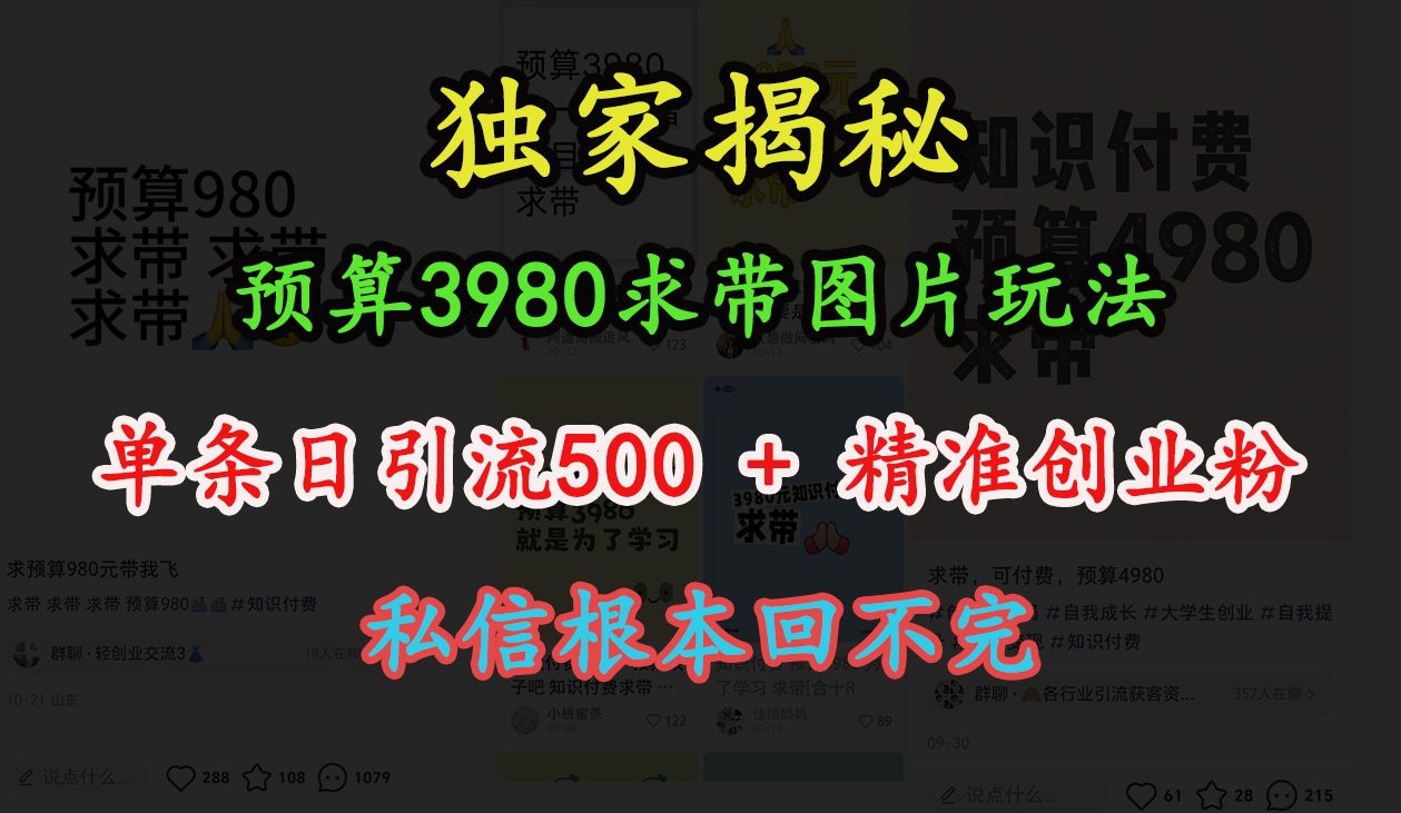 “小红书”预算3980求带 图片玩法，单条日引流500+精准创业粉，私信根本回不完-知墨网